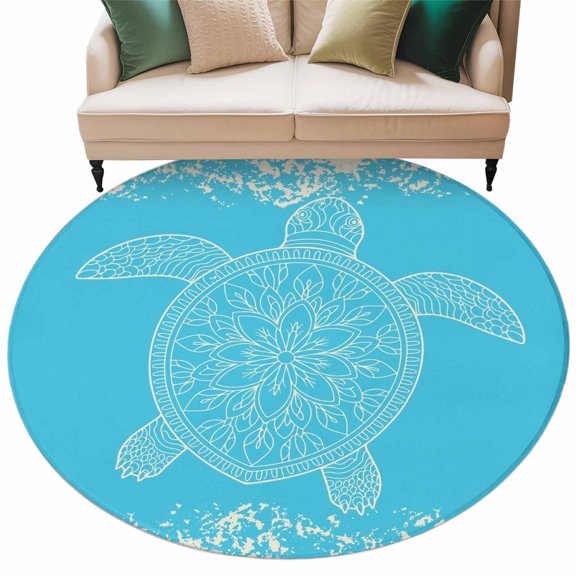 Turtle Sea Blue Round Area Rug 5ft Lines WaterColor Turtle Mottled Pattern Non-Slip Washable Circle Rugs Soft Felt Indoor Floor Mat for Bedroom Kitchen Living Room Bathroom