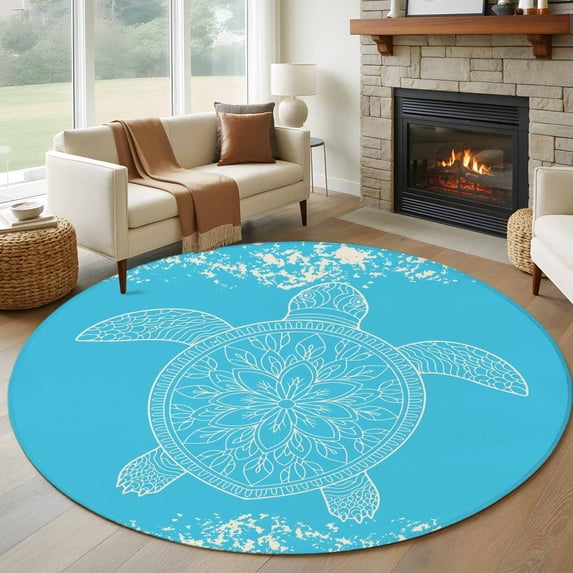 Turtle Sea Blue Round Living Room Rugs 7 ft, Lines WaterColor Turtle Mottled Pattern Washable Area Rug with Non-Slip Sturdy Edge Binding Round Carpet for Kitchen Office Bedroom
