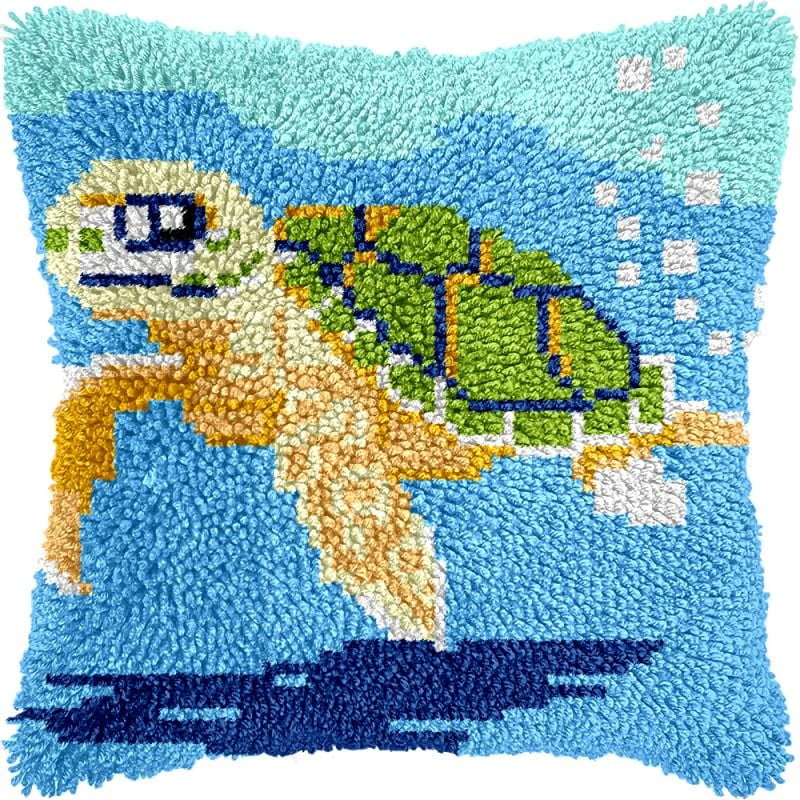 Turtle in Sea Latch Hook Pillow Kits Pillow Cover Pattern Printed Canvas Crochet Cross Stich Hooking Pillowcase Cushion Crafts Embroidery Latch Hooking Crochet Kits Set 17x17 inch(97)