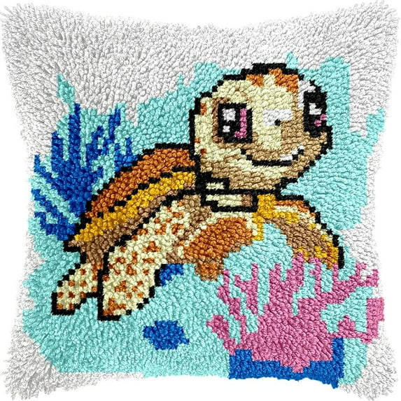 Turtle in Sea Latch Hook Pillow Kits Pillow Cover Pattern Printed Canvas Knitted Hooking Pillowcase Cushion With Zipper Crafts Crochet Home Decor Kits 17x17 inch(f130)