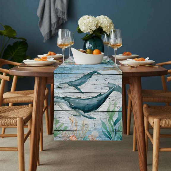 Turtle Seahorse Octopus Whale Table Runner-36 Inch Long Marine Life on Wood Table Runners Linen Burlap Tablerunner for Kitchen Dining Room Holiday Party