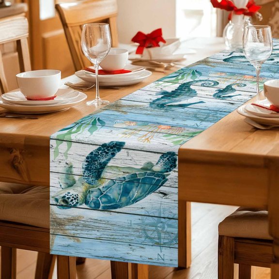 Turtle Seahorse Octopus Whale Table Runner 36 Inches Long,Kitchen Dining Tablerunners Marine Life on Wood Linen Table Runners Dresser Scarves for Home Dinner Wedding Holiday Party Decor