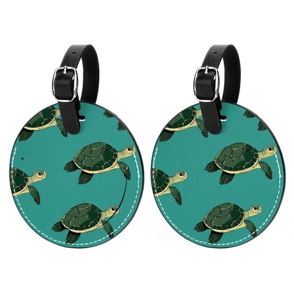 Turtle Seamless 2pcs PU Leather Round Bag Tags with Privacy Cover and Name ID Tag - Suitcase Tags for Travel Luggage, Handbags, Backpacks, School Bags