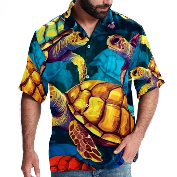 Turtle Seamless Men's Casual Printed Button Down Short Sleeve Spread Collar Beach Shirts for Summer, Unisex