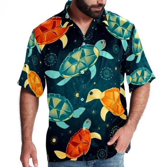 Turtle Seamless Men's Short Sleeve Poplin Button Down Hawaiian Printed Summer Beach Shirt, Unisex