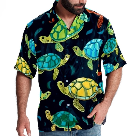 Turtle Seamless Men's Short Sleeve Printed Poplin Beach Shirts with Spread Collar - Casual Button Down Summer Tops for Unisex