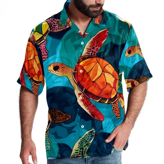 Turtle Seamless Men's Short Sleeve Shirts, Casual, Printed, Button Down, Beach Shirt - Spread Collar Tops for Summer Beach Fun