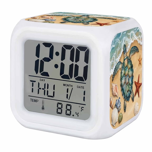 Turtle Seaside Digital Alarm Clock for Bedrooms,Smart LED Alarm Clock with 7 Color Changing Night Light,Coastal Waves Starfish Summer Beach Nautical Silent Wake Up Clocks for Sleep Study 3.2"x3.2"