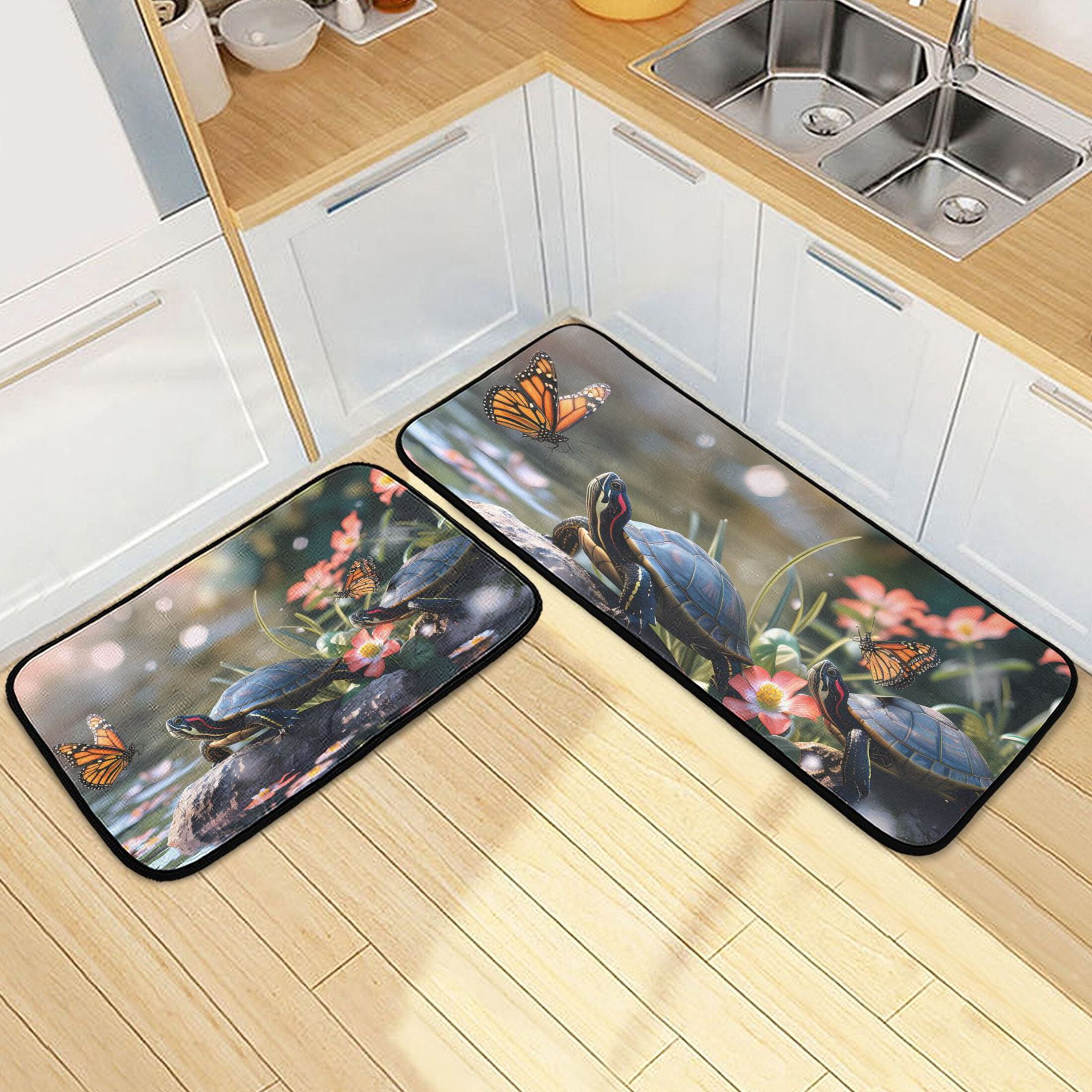 Turtle Kitchen Rug Turtle See Butterfly Floral Kitchen Rugs Set of 2 Non Slip Floor Foam ...