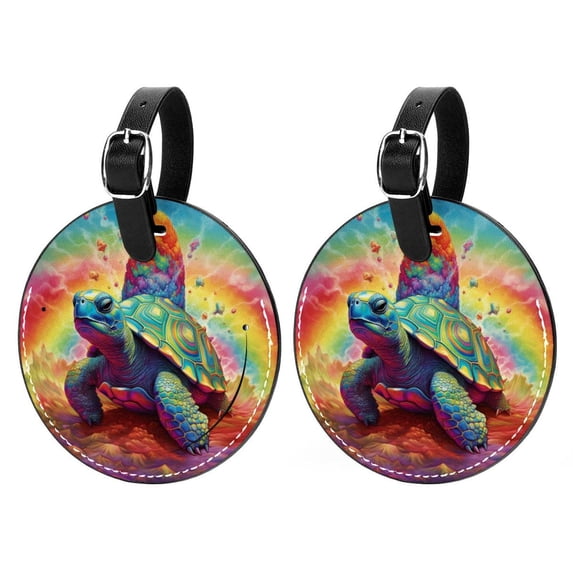 Turtle Set of 2pcs PU Leather Round Suitcase Tags with Privacy Cover and Name ID Tag - Ideal for Travel Luggage, Handbags, Backpacks, School Bags