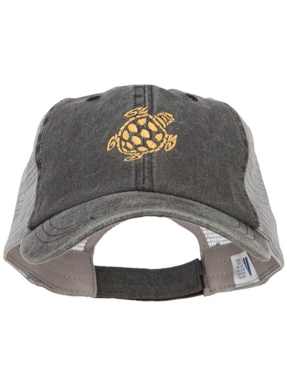Turtle Shape Embroidered Washed Trucker Cap - Black Grey OSFM