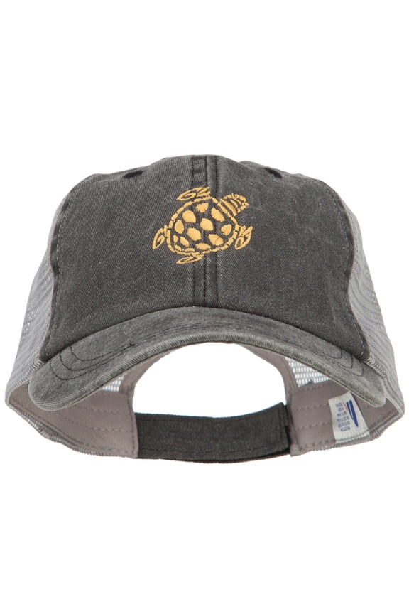 Turtle Shape Embroidered Washed Trucker Cap - Black Grey OSFM