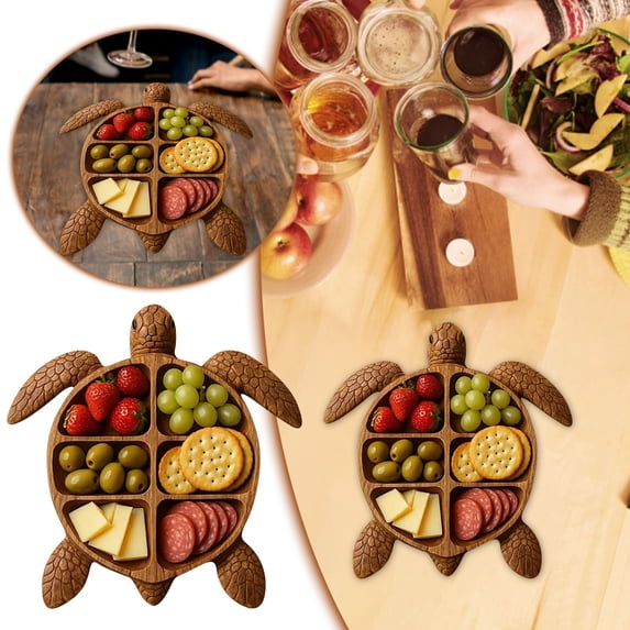 Turtle Shaped Divided Wooden Serving Platter 6 Compartment Fruit Cheese Tray For Fruit Cheese Snack Party Dining Table Decor Display(Orange-20Cm)