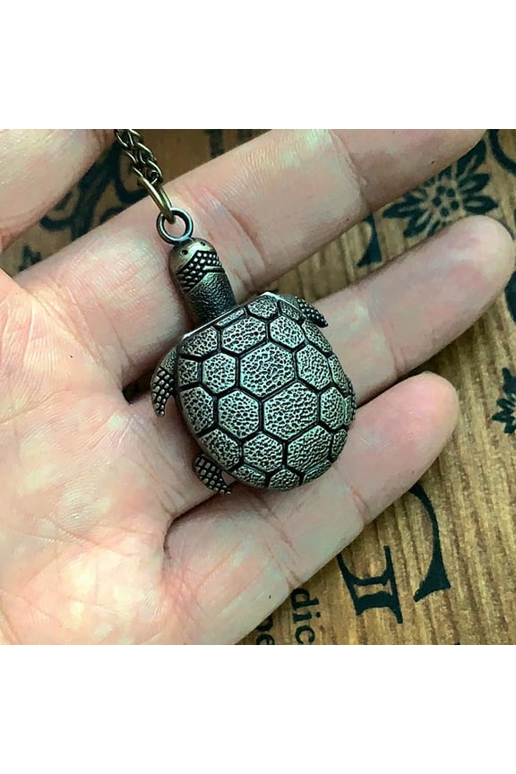 Turtle Shaped Pocket Watch Bronze Engraved Shell Design with Thin Chain Retro Animal Style Quartz Watch