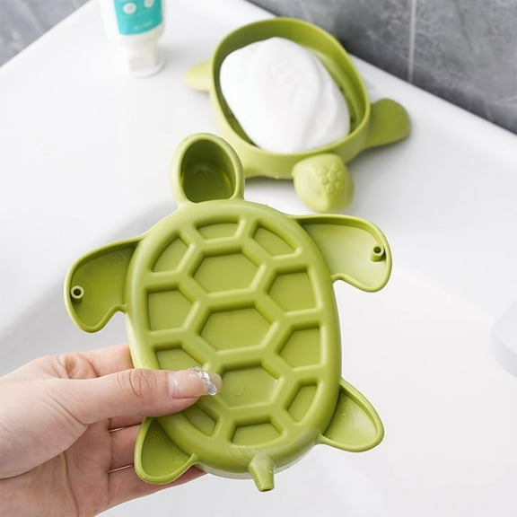 Turtle-Shaped Soap Dish with Drainage Holes, Non-Slip Base for Bathroom Sink, Green Plastic Soap Holder, 6.3 x 5.1 Inch Soap Organizer