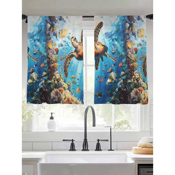 Turtle Sheer Curtains for Living Room Bedroom Ocean Underwater Coral Fish Animal Modern Sheer Curtains 45 Inch Long 2 Panels Set Light Filtering Curtain Window Treatments Drapes for Dining Room