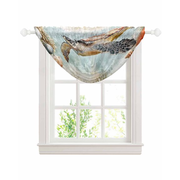 Turtle Sheer Waterfall Valance Curtains for Window, Coastal Ocean Coral Reef Retro Shell Sea Rod Pocket Sheer Topper Swag Curtains for Living Room, Kitchen 38.5"W x 47.2"L, 1 Panel