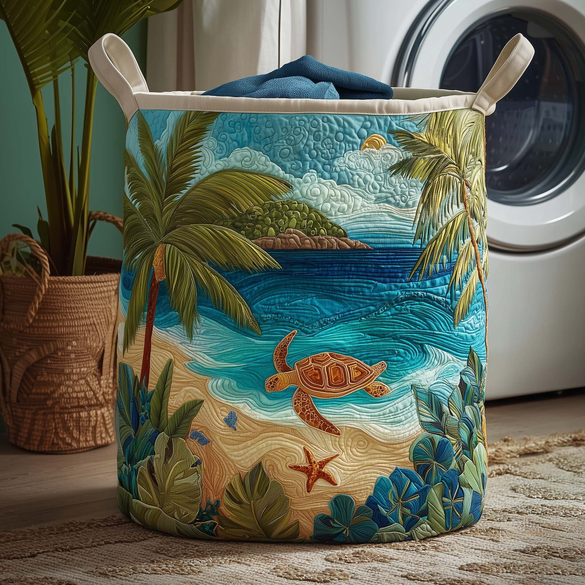 Turtle Shore Quilted Laundry Basket, Storage Bin Laundry Basket Fabric, House Storage Hamper, Mother Day's Gift Ideas
