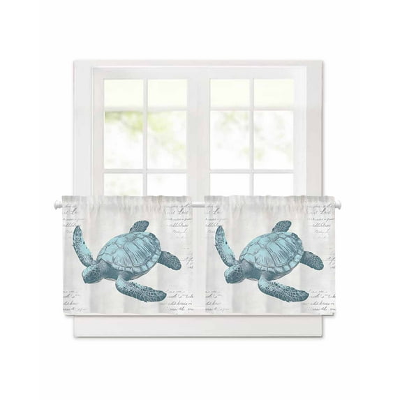 Turtle Short Blackout Curtains 30Inch Long Blue Ocean Animal Vintage Texture Rod Pocket Kitchen Curtains, 2 Panels Thermal Insulated Room Darkening Drapes for Bedroom, 30"W x 30"L