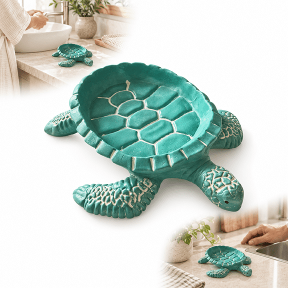 Turtle Soap Dish, Self-Draining Resin Bar Soap Holder for Bathroom Sink, Coastal Decor, 6.30 x 5.24 in, Green