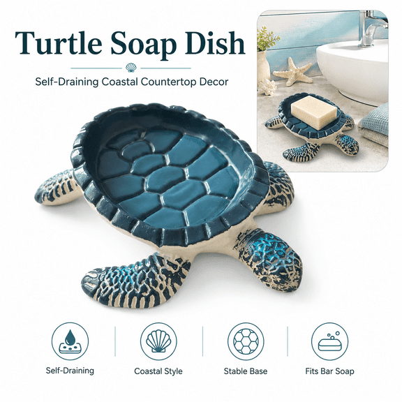 Turtle Soap Dish, Self-Draining Resin Bar Soap Holder with Mouth Drain, Coastal Ocean Bathroom Decor for Sink, Vanity and Kitchen Counter, Blue