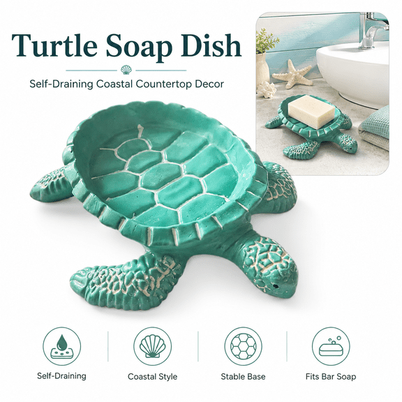 Turtle Soap Dish, Self-Draining Resin Bar Soap Holder with Mouth Drain, Coastal Ocean Bathroom Decor for Sink, Vanity and Kitchen Counter, Green