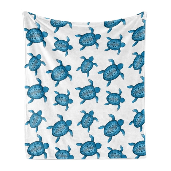 Turtle Soft Flannel Fleece Blanket, Aboriginal Style Animal Native Australian Marine Creatures Sea Creature, Cozy Plush for Indoor and Outdoor Use, 50" x 60", Petrol Blue and White, by Ambesonne