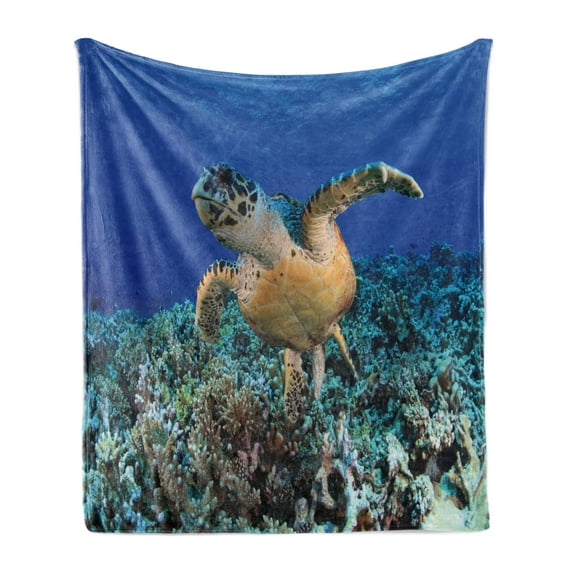 Turtle Soft Flannel Fleece Blanket, Cheloniidae in Deep Blue Ocean Aquatic Endangered Wildlife Nature Photo, Cozy Plush for Indoor and Outdoor Use, 50" x 70", Violet Blue Pale Brown, by Ambesonne