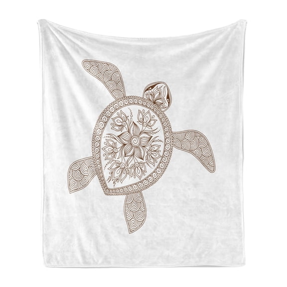 Turtle Soft Flannel Fleece Blanket, Hand Drawn Floral Tortoise Vortex and Spiral Lines Built in Flappers, Cozy Plush for Indoor and Outdoor Use, 70" x 90", White and Chestnut Brown, by Ambesonne