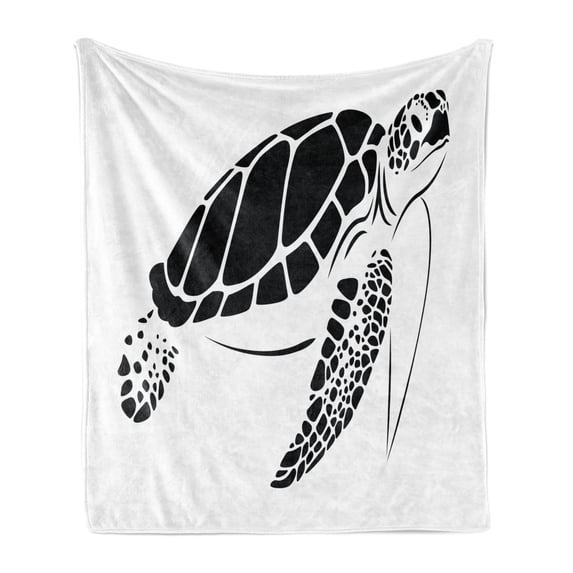 Turtle Soft Flannel Fleece Blanket, Monochrome Graphic Illustration of a Swimming Caretta Caretta on Plain Backdrop, Cozy Plush for Indoor and Outdoor Use, 50" x 70", Black and White, by Ambesonne
