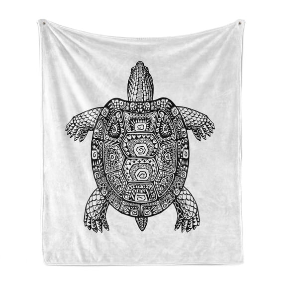 Turtle Soft Flannel Fleece Blanket, Tribal Patterns on Turtle Illustration Monochrome Animal Themed Tortoise Print, Cozy Plush for Indoor and Outdoor Use, 60" x 80", Black and White, by Ambesonne