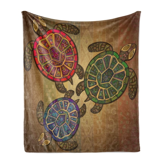 Turtle Soft Flannel Fleece Throw Blanket, 3 Ocean Turtles Ethic Style Animals Geometric Vibrant Ocean Theme Artwork Print, Cozy Plush for Indoor and Outdoor Use, 70" x 90", Multicolor, by Ambesonne