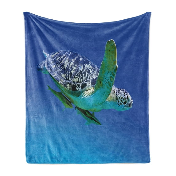 Turtle Soft Flannel Fleece Throw Blanket, Aquatic Theme Photo Tropical Exotic Sea Animal Swim Aquarium Wildlife, Cozy Plush for Indoor and Outdoor Use, 70" x 90", Violet Blue Fern Green, by Ambesonne
