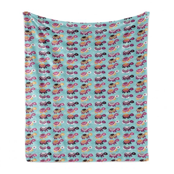 Turtle Soft Flannel Fleece Throw Blanket, Baby Animals in Different Colors with Ornaments on Their Backs, Cozy Plush for Indoor and Outdoor Use, 50" x 70", Pale Blue and Multicolor, by Ambesonne
