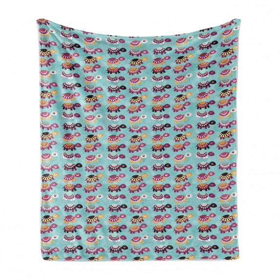 Turtle Soft Flannel Fleece Throw Blanket, Baby Animals in Different Colors with Ornaments on Their Backs, Cozy Plush for Indoor and Outdoor Use, 60" x 80", Pale Blue and Multicolor, by Ambesonne