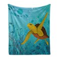 thumbnail image 1 of Turtle Soft Flannel Fleece Throw Blanket, Cartoon Animal Under the Sea Silhouettes of Fish Sun Rays Coral, Cozy Plush for Indoor and Outdoor Use, 60" x 80", Turquoise Mustard Brown, by Ambesonne, 1 of 6