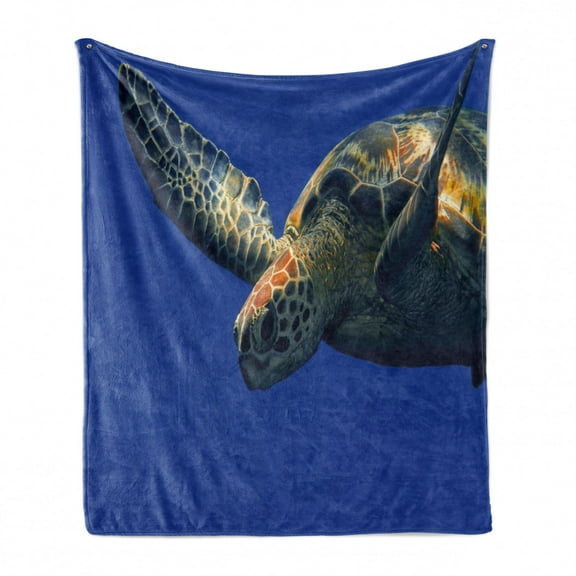 Turtle Soft Flannel Fleece Throw Blanket, Close up Photo of Green Turtle at Sipadan Borneo Malaysia Animal Under the Sea, Cozy Plush for Indoor and Outdoor Use, 50" x 70", Blue Yellow, by Ambesonne