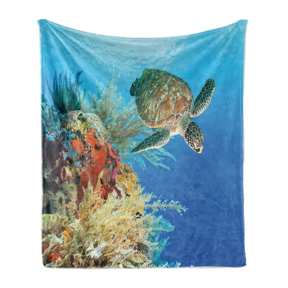 Turtle Soft Flannel Fleece Throw Blanket, Colorful Underwater Animal Swimming Among the Coral Reef Scenic Exotic View, Cozy Plush for Indoor and Outdoor Use, 50" x 70", Multicolor, by Ambesonne