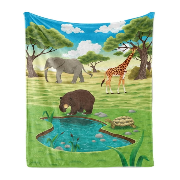 Turtle Soft Flannel Fleece Throw Blanket, Day in the Jungle Bear Giraffe Treesnd Little Pond with Wild Plants, Cozy Plush for Indoor and Outdoor Use, 50" x 60", Multicolor, by Ambesonne