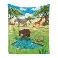 thumbnail image 1 of Turtle Soft Flannel Fleece Throw Blanket, Day in the Jungle Bear Giraffe Treesnd Little Pond with Wild Plants, Cozy Plush for Indoor and Outdoor Use, 60" x 80", Multicolor, by Ambesonne, 1 of 6