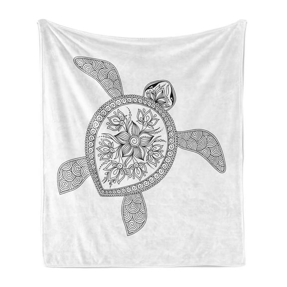 Turtle Soft Flannel Fleece Throw Blanket, Turtle Design Tattoo Style Doodles Floral Ornaments, Cozy Plush for Indoor and Outdoor Use, 50" x 60", White Black, by Ambesonne