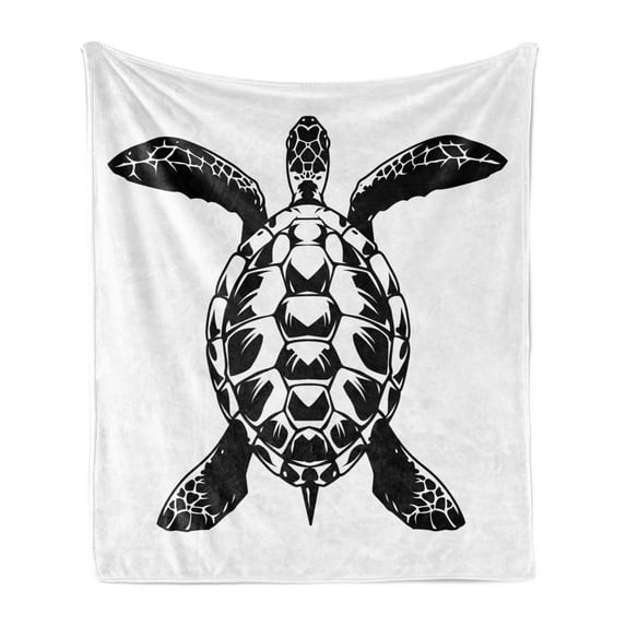 Turtle Soft Flannel Fleece Throw Blanket, Detailed Single Top View Silhouette in Monochromatic Design Graphic, Cozy Plush for Indoor and Outdoor Use, 50" x 60", Charcoal Grey and White, by Ambesonne