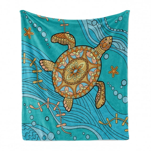 Turtle Soft Flannel Fleece Throw Blanket, Doodle of Sea Turtle on Water Surface Maritime Inspirations Pattern Artwork, Cozy Plush for Indoor and Outdoor Use, 70" x 90", Turquoise, by Ambesonne