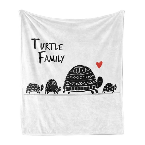 Turtle Soft Flannel Fleece Throw Blanket, Family Calligraphy of 4 Members Smiling and Loving Crawling Graphics, Cozy Plush for Indoor and Outdoor Use, 50" x 70", Charcoal Grey Vermilion, by Ambesonne