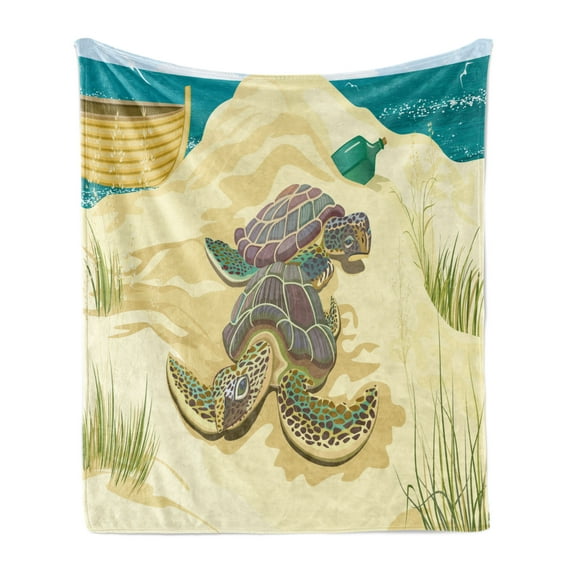 Turtle Soft Flannel Fleece Throw Blanket, Illustration of 2 Sea Turtles on Sandy Summer Beach Boat Grass Bottle, Cozy Plush for Indoor and Outdoor Use, 70" x 90", Pale Yellow Green Teal, by Ambesonne