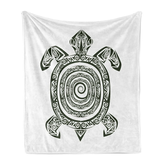 Turtle Soft Flannel Fleece Throw Blanket, Maori Tattoo Style of Sea Animal Tribal Spiral Form Tropical, Cozy Plush for Indoor and Outdoor Use, 50" x 70", Black and White, by Ambesonne
