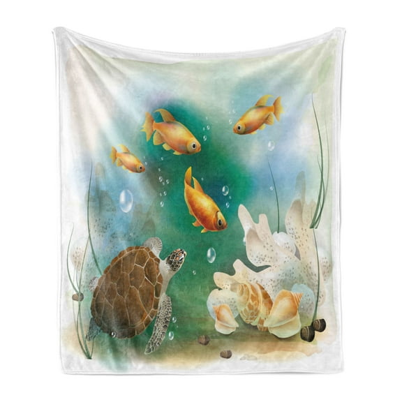 Turtle Soft Flannel Fleece Throw Blanket, Ocean Life Illustration Aquarium Tropical Animals Goldfishes and Seashells, Cozy Plush for Indoor and Outdoor Use, 50" x 70", Multicolor, by Ambesonne