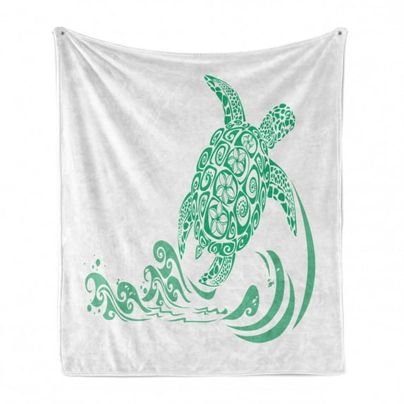 Turtle Soft Flannel Fleece Throw Blanket, Plumeria Flower Pattern and Splashed Water Fishes Animal, Cozy Plush for Indoor and Outdoor Use, 70" x 90", White and Sea Green, by Ambesonne