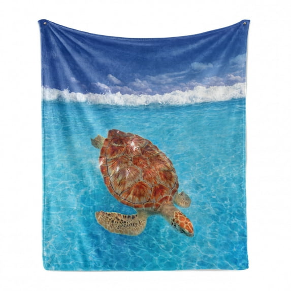 Turtle Soft Flannel Fleece Throw Blanket, Sea Turtle Chelonia Mydas on Water Surface Caribbean Beach Tropics, Cozy Plush for Indoor and Outdoor Use, 50" x 70", Violet Blue Pale Brown, by Ambesonne