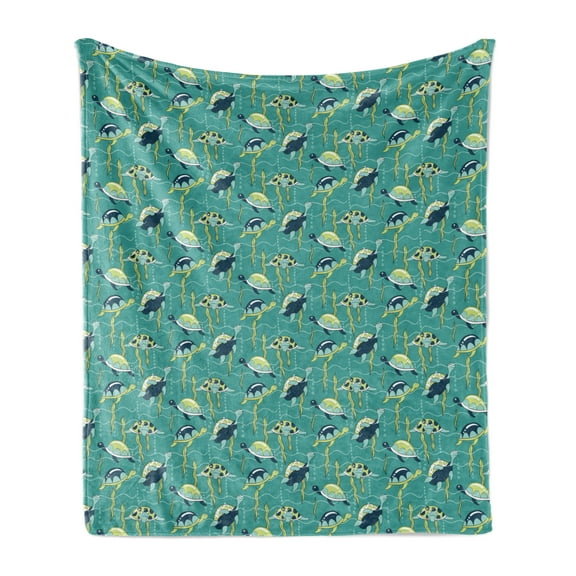 Turtle Soft Flannel Fleece Throw Blanket, Underwater Wildlife Composition with Wavy Ocean and Colorful Animals with Shells, Cozy Plush for Indoor and Outdoor Use, 50" x 70", Multicolor, by Ambesonne